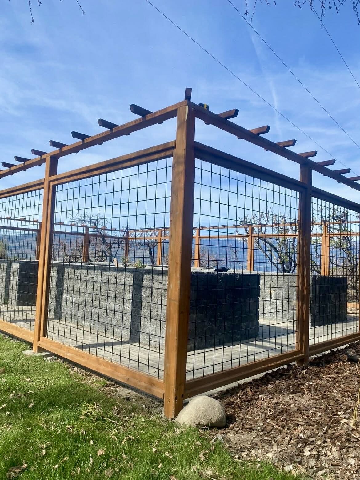Deer proof garden enclosure with hog wire panels and a cedar pergola top in Chelan