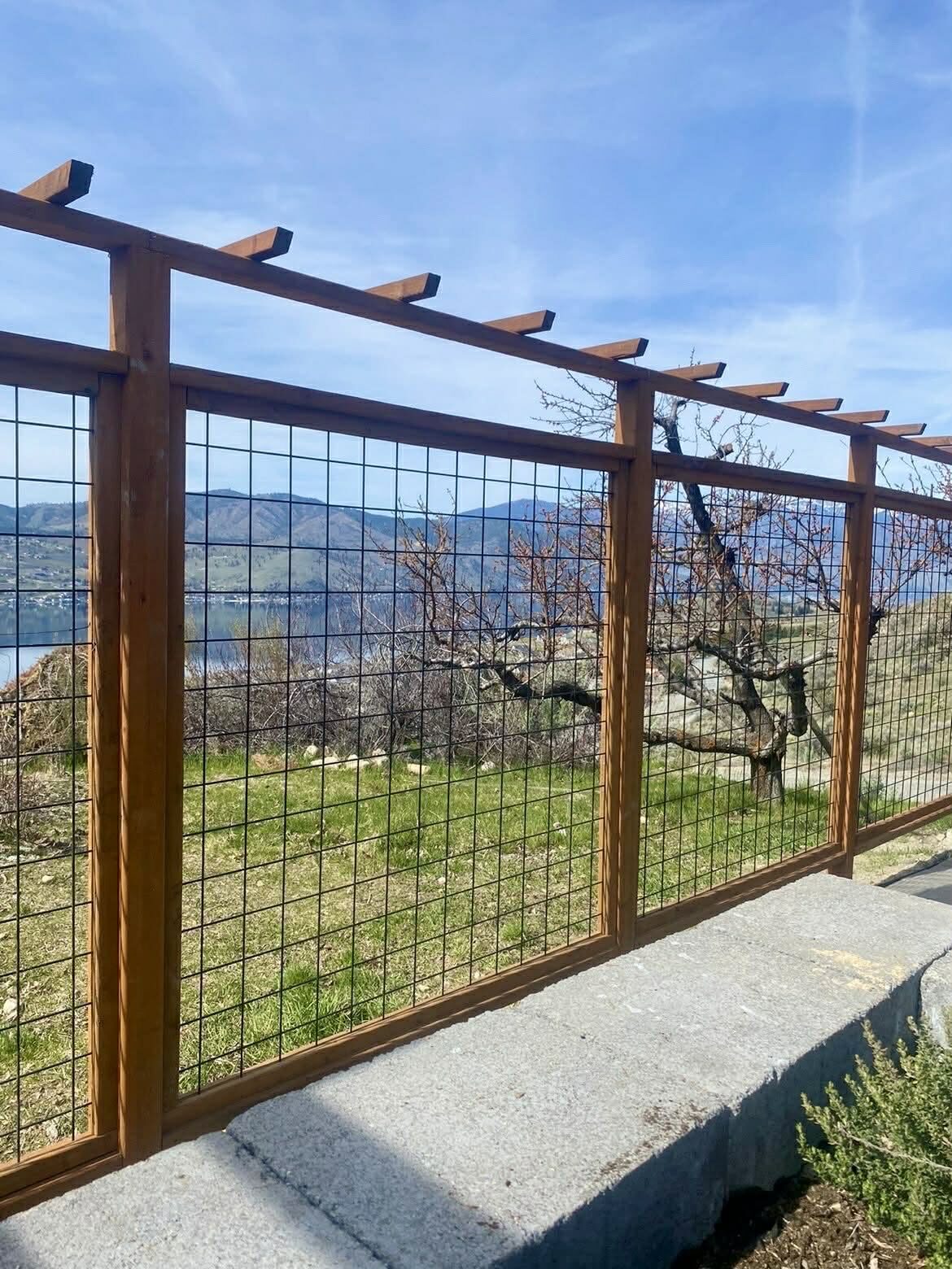 Deer proof garden enclosure with hog wire panels and a cedar pergola top in Chelan